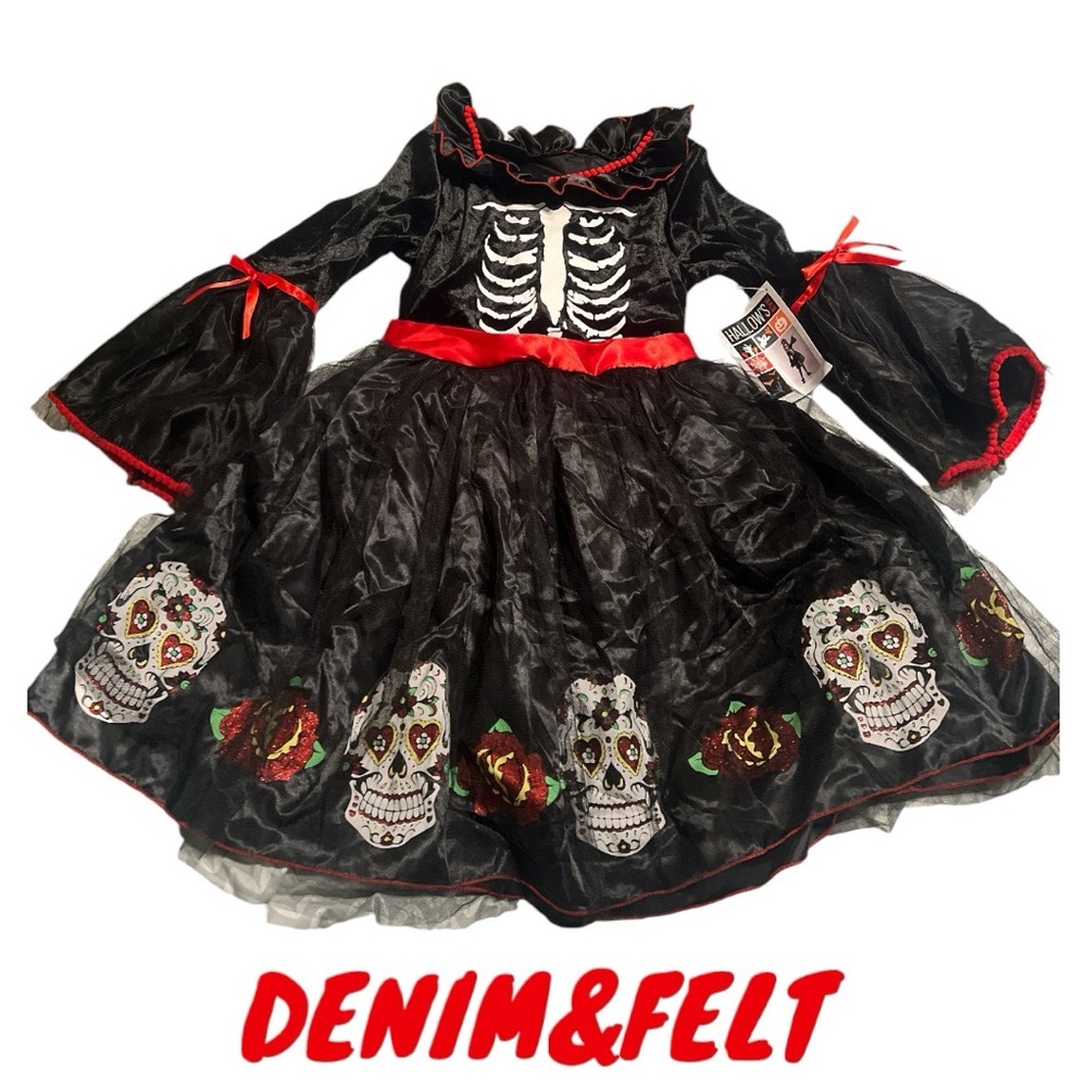 Hallow’s Eve Girls Black/Red Day of The Dead Tulled Dress Halloween Costume |NEW